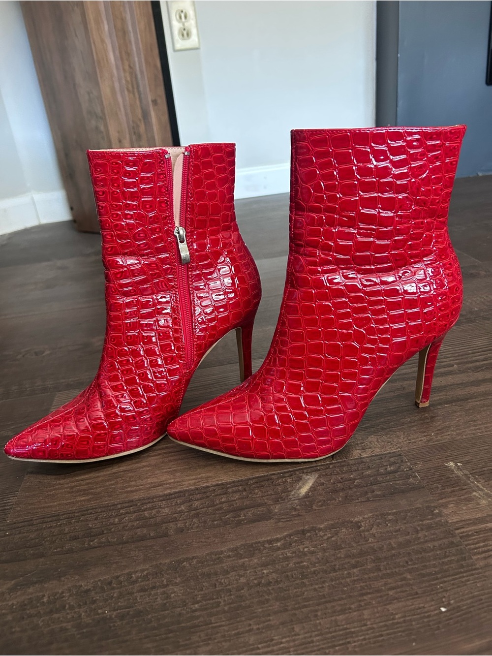 Azazie Red Croc-Embossed Pointed Stiletto Ankle Boots